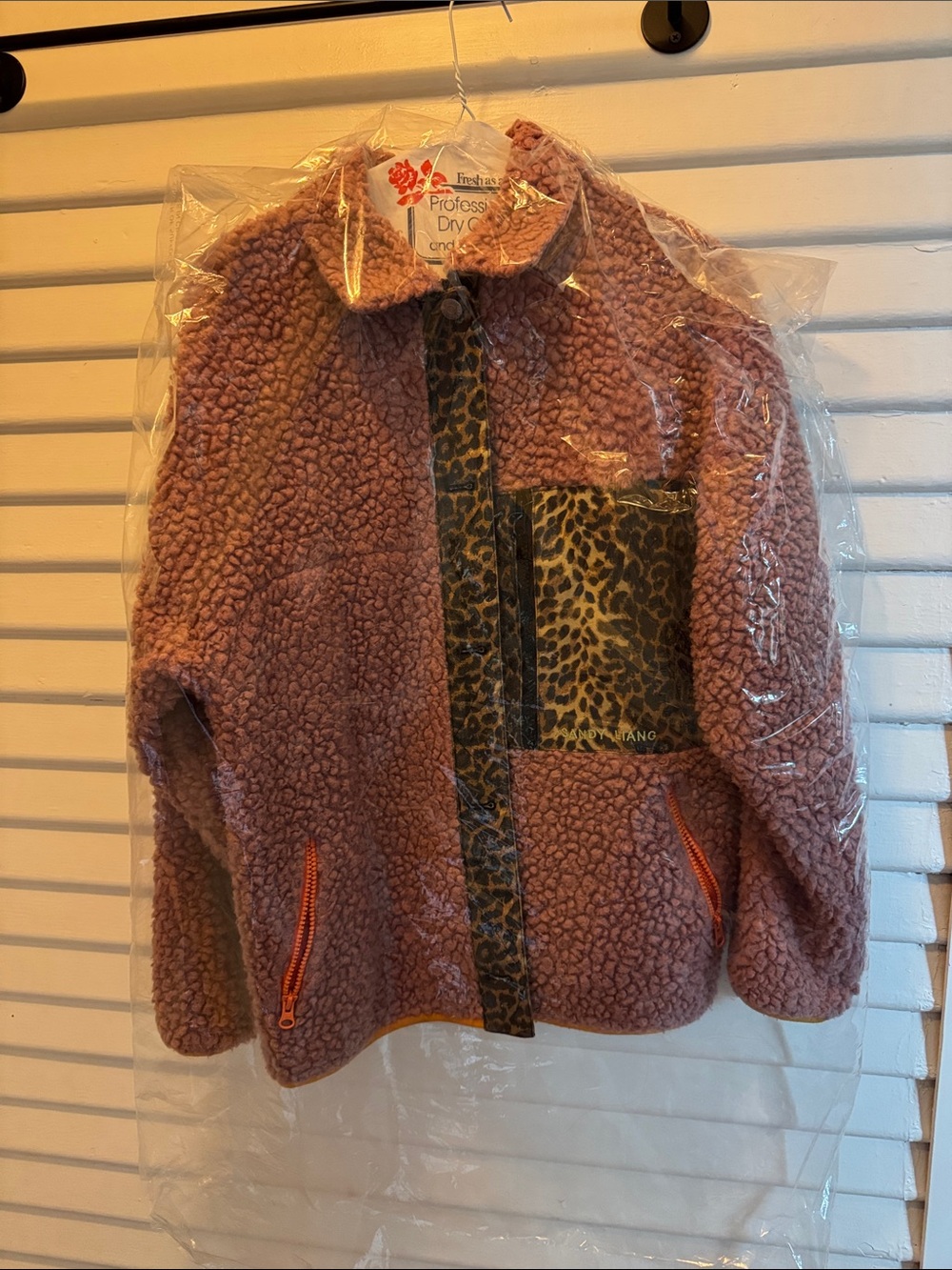Sandy Liang Pink Sherpa Coat with Orange Mesh Trim